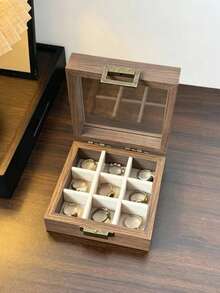 1pc Vintage Wooden Jewelry Box With Lid, Transparent Dust-Proof Storage Box For Earrings, Rings, Bracelets, Portable Small Accessory Organizer - Multicolor - View 12