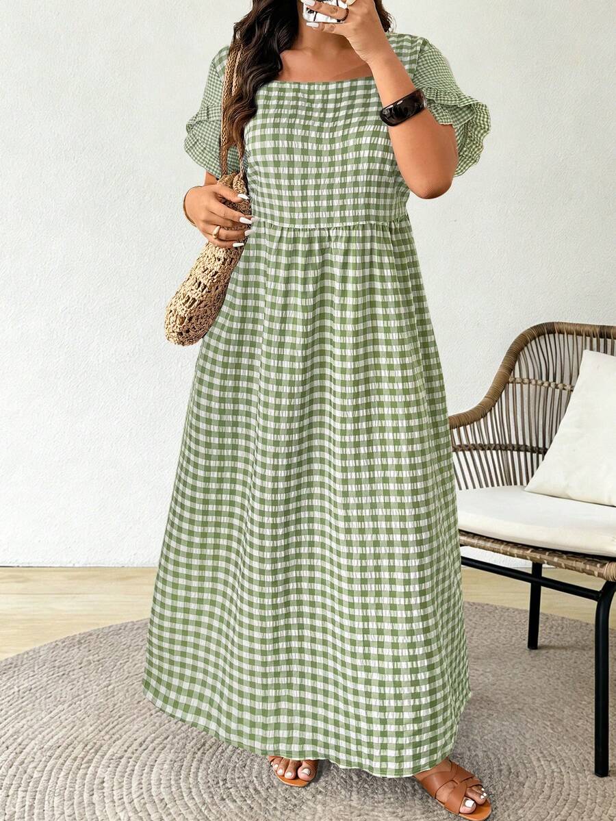 Plus Size Women's Square Neck Short Sleeve Ruffle Plaid Dress, Suitable For Casual Summer Vacation Wear - Multicolor - View 1
