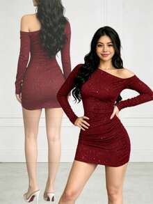 Nuevo vestido corto con hombros oblicuos y fruncido para Año Nuevo,Vestido elegante de manga larga con hombros descubiertos, ajustado y de unicolor, ropa de otoño para mujer - Burdeos - Ver 1