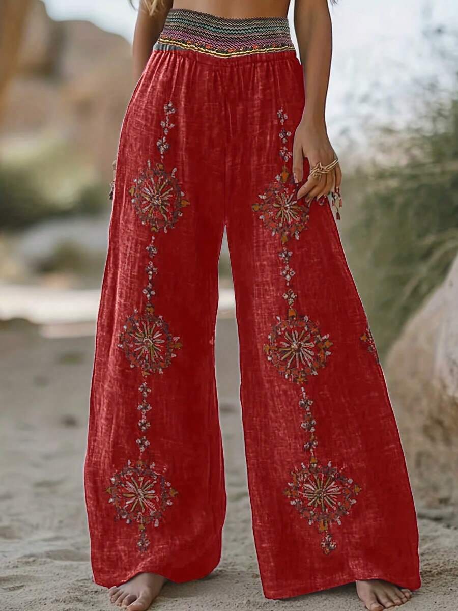 Plus Size - Plus Size - New Spring/Autumn Design Niche High Waist Retro Loose Casual Pants With Random Print Wide Leg - [Red] - View 1