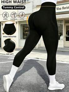 Leggings Deportivos de Cintura Alta para Mujer, Ajustados con Bolsillo Lateral, Tela Elástica para Entrenamiento y Uso Diario - Negro - Ver 1