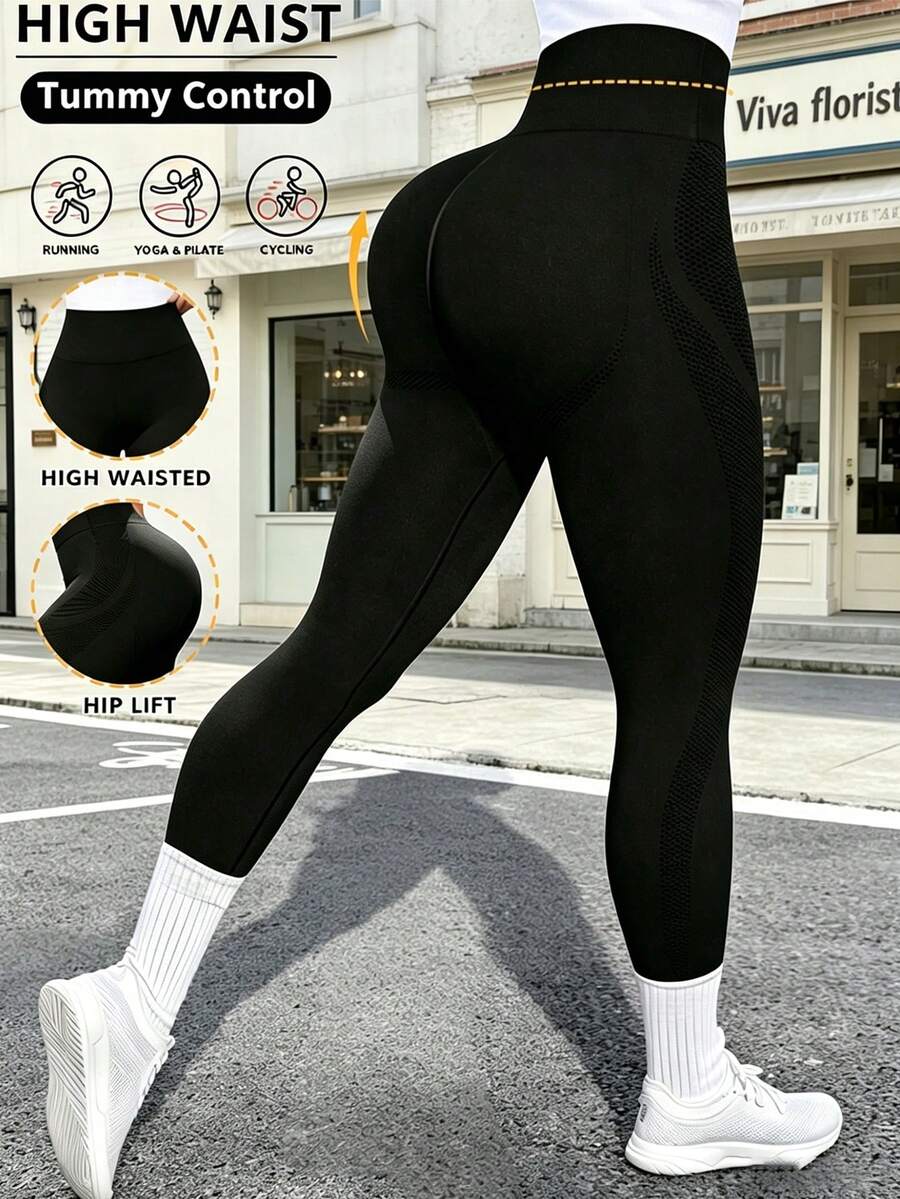 Leggings Deportivos de Cintura Alta para Mujer, Ajustados con Bolsillo Lateral, Tela Elástica para Entrenamiento y Uso Diario - Negro - Ver 1