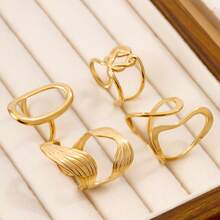4pcs Fashionable Stainless Steel Rings With Simple Hollow Geometric Design, Versatile Casual Stacking Rings, Perfect Gift For Her, Suitable For Teenagers - Gold - View 7