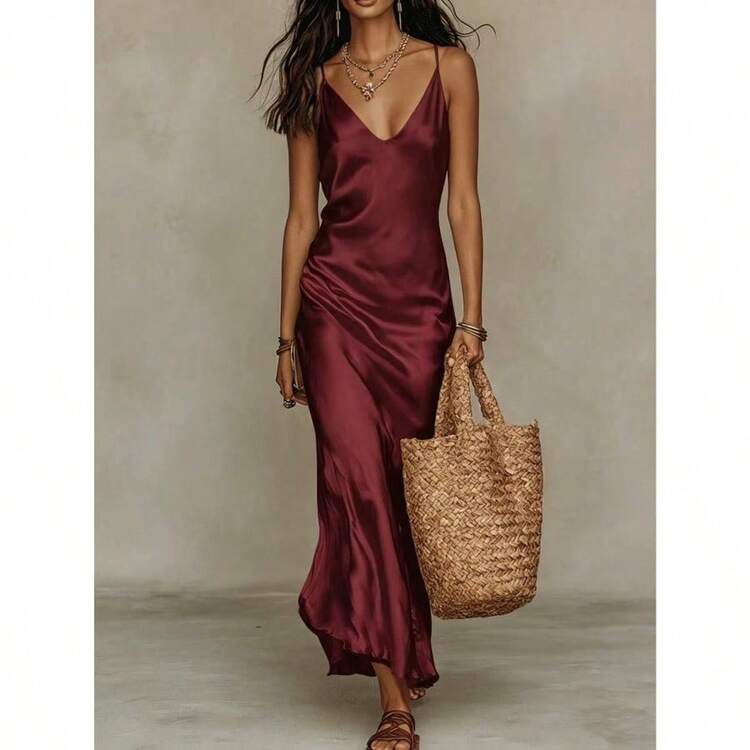 Women's Apricot Two-Piece Co-Ord Set, Deep V Knit Sweater & Satin Slip Dress, Casual Elegant Outfit For Daily, Home & Leisure - 灰色西裝 - 查看 11