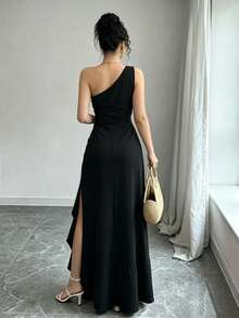 Vestido Largo Blanco Elegante Hombro Único con Abertura y Volantes para Fiesta, Boda o Evento Formal - Negro - Ver 2