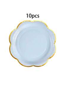10pcs/20pcs/50pcs/80pcs Blue/Light Blue Gold Rim Paper Tableware Set, Blue 9" Dinner Plates + Light Blue 7" Dessert Plates + Blue Paper Cups + 6.5" Blue/Light Blue Paper Napkins, Scalloped Paper Plates For 1st Birthday, Baptism Party,Birthday,Wedding,Events,Festival,Picnic,Family Gathering Supplies Men Women - Blue Background With Gold Trim - View 12