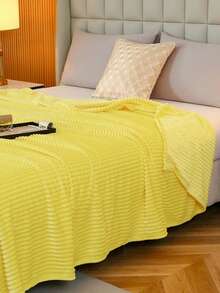 1pc Striped Soft Plush Blanket, Skin-Friendly And Comfortable For Bedroom And Guest Room, Machine Washable, Suitable For All Seasons - Yellow - View 1