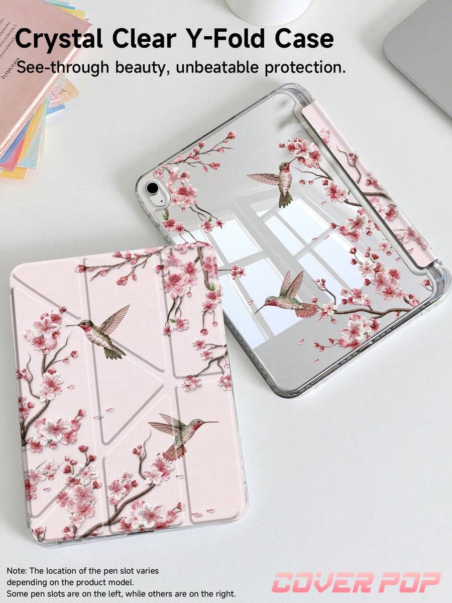 刺繡櫻花與蜂鳥圖案平板電腦保護殼，相容於 iPad Air 8 (M4) 2026 (11 吋) / 2026 (13 吋)、9.7/10.2/10.5/10.9/12.9/Pro 11/A16、第 10 代，適用於 Kindle Paperwhite 第 12 代 2024、Kindle (第 11 代 - 2024 年上市)，柔軟防摔、智慧休眠喚醒功能、Y 型折疊平板電腦保護殼、多角度觀看
