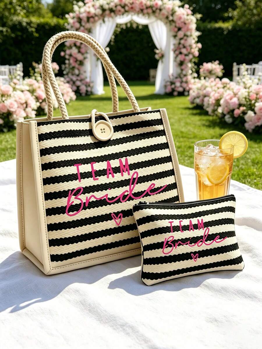 Conjunto de bolso tote y bolso de maquillaje con estampado nupcial - Bolso de hombro mini a rayas negras y blancas - Bolso de almacenamiento de artículos pequeños - Bolso de mano para vacaciones - Bolso de regalo para damas de honor - Perfecto para vacaciones en la playa, natación, compras, fiesta de boda y desplazamiento diario - Regalo perfecto para amigos y familiares - Multicolor - View 1