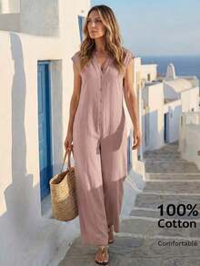Women's Versatile And Fashionable Solid Color Jumpsuit With Buttons For Vacation - Yellow - View 5