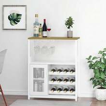 Mueble Bar con Almacenamiento de Vino Extraíble, Aparador Industrial y Buffet con Bandeja de Cristal y Puertas de Malla - Blanco - Ver 10