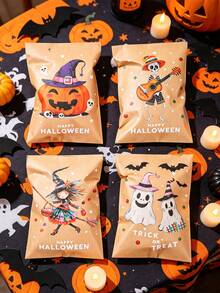 1 Set Halloween Paper Gift Envelopes, 4 Cute Designs Including Pumpkin, Witch, And Skeleton Bone Prints, Kraft Paper Bags, Candy Bags, Snack Bags, Party Favor Bags, Halloween Party Decorations, Holiday Atmosphere Props - Halloween Pumpkin - View 5