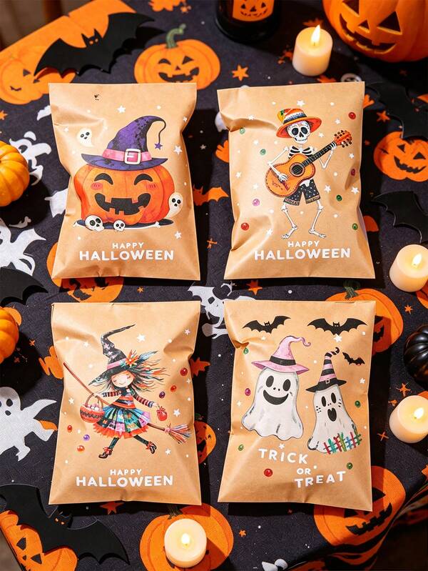1 Set Halloween Paper Gift Envelopes, 4 Cute Designs Including Pumpkin, Witch, And Skeleton Bone Prints, Kraft Paper Bags, Candy Bags, Snack Bags, Party Favor Bags, Halloween Party Decorations, Holiday Atmosphere Props