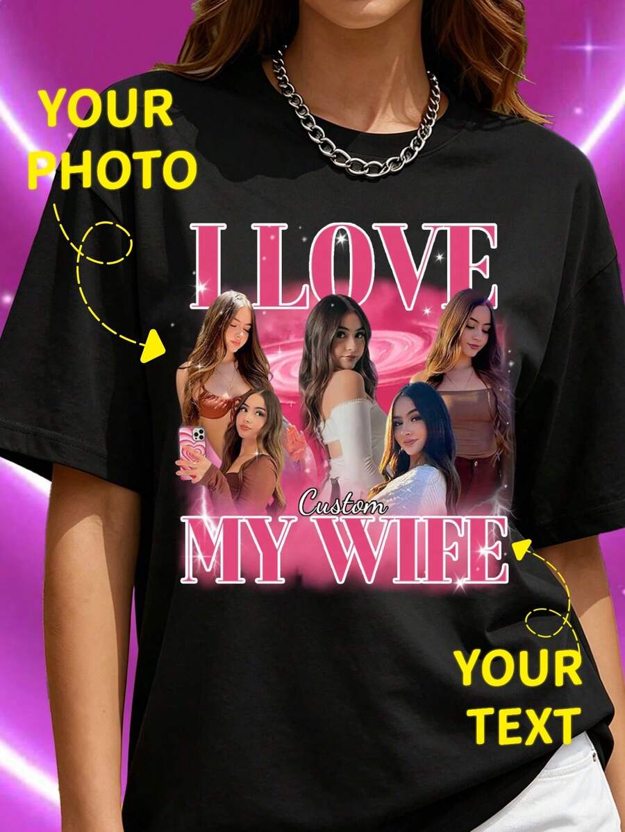 Camiseta personalizada con foto, camiseta de regalo de cumpleaños, estilo rap retro de los 90, top de pareja con "Amo a mi esposa". DIY con fotos y texto, OOTD elegante para uso diario - Negro - Ver 1