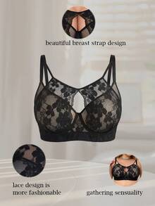 mimilemon Plus Size Women's Black Lace Sheer Push-Up Bra - Breathable Comfortable Hollow-Out Design Full Support - Black - View 7