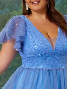 Women Plus Size Elegant Sequin Floral Print Mesh Applique V-Neck Cocktail Party Bridesmaid Dress For Wedding Guest, Homecoming, Spring/Summer/Autumn - Dusty Blue - View 7