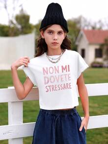 Ribbed Girls White Short Sleeve T-Shirt, Personalized Slogan Graphic T-Shirt, Custom Preppy Style Spring/Summer New Sports Tween Girl Clothing, Draping Soft Breathable Girls Short Sleeve Top - White - View 2