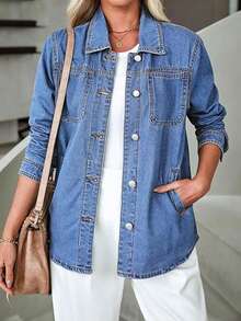 Women's Casual Loose Denim Shirt Jacket With Pockets - Medium Wash - View 1