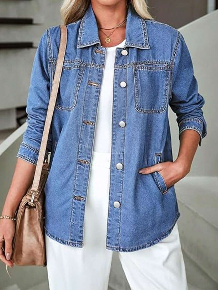 Women's Casual Loose Denim Shirt Jacket With Pockets - Medium Wash - View 1