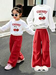 Young Girl Crew Neck Letter Cherry Sweatshirt And Sweatpants Casual Daily Outfit Set - Red - View 1