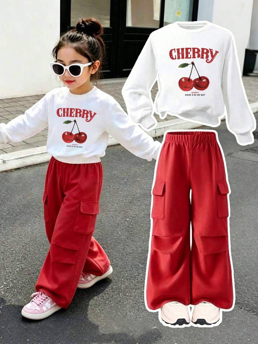 Young Girl Crew Neck Letter Cherry Sweatshirt And Sweatpants Casual Daily Outfit Set - Red - View 1