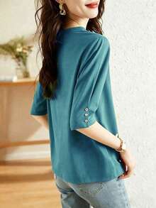 Atasan Kasual Lengan Sedang dengan Desain Kancing, Model Baru Fashion Musim Panas, Kaos Lengan 3/4 Leher Bulat Serbaguna untuk Wanita, Melangsingkan - Teal Blue - View 4