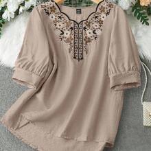 MewMuse.  Camisa casual con mangas abullonadas y bordado floral para mujer - Negro - Ver 2