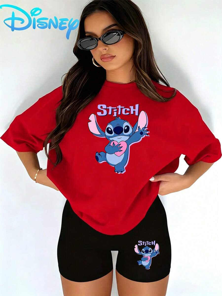 Lilo & Stitch "Heart Hug" T-Shirt & Biker Shorts Setwomen's Casual T-Shirt And Yoga Pants Set, Perfect For Summer Travel And Relaxing At Home. Disney Licensed Stylish, Soft, And Comfortable Sportswear Set. - 紅色 - 查看 1