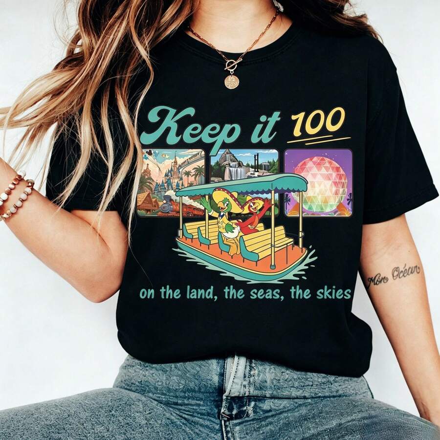 Disney Women's And Men's T-Shirts Vintage Epcot Boat Ride And Park Attractions Printed Oversized T-Shirts, 100% Cotton Retro Short-Sleeved Casual Shirts, And Graphic Printing T-Shirts For Family Park Vacation Matching Outfits - màu đen - Xem 1