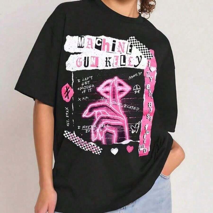 Printed T-Shirt, Cotton Graphic T-Shirts, Plus Size, Cartoon Crew Neck, Short Sleeve, 1 Piece, Men's Graphic T-Shirt Machiiine Gun Kellly MGK Est 19xx I Can't Get Enough Of It My Ex Best Friend, Y2K Style, Men's Oversized T-Shirt, With Shirt, Summer Tops, Suitable Shirt. - 黑色 - 查看 1