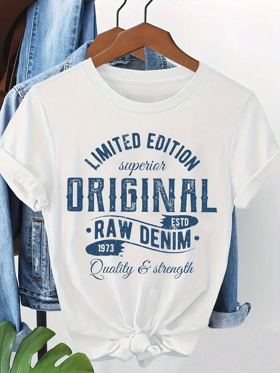 Unisex Reiner Baumwoll T-Shirt, Sommer Kurzarm T-Shirt, limitierte Auflage Original Raw Denim 1973 Grafik T-Shirts für Kurven - Vintage Denim T-Shirt - Weiss - Übersicht 1