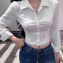 Fashion Women's Clothing  Cárdigan de corte ajustado con estilo universitario y costuras de espina de pescado, blusa elegante de manga larga con parches de encaje hueco para uso en la oficina, primavera/otoño Y2k - Blanco - Ver 8