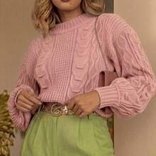Women's Long-Sleeved Ribbed Blouse With A Round Neck And Braided Knit Details, In A Wool-Like Fabric. - Màu hồng gỉ - Xem 1