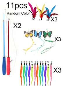 Happy Cat Toy Set, Pet Cat Toy Kit With Colorful Artificial Feathers, Fishing Rod, Caterpillar Bell, Replaceable Head Teaser Wand, Suitable For Indoor And Outdoor Use, Training, Self-Entertainment, Relieving Boredom, (Random Color) - View 11