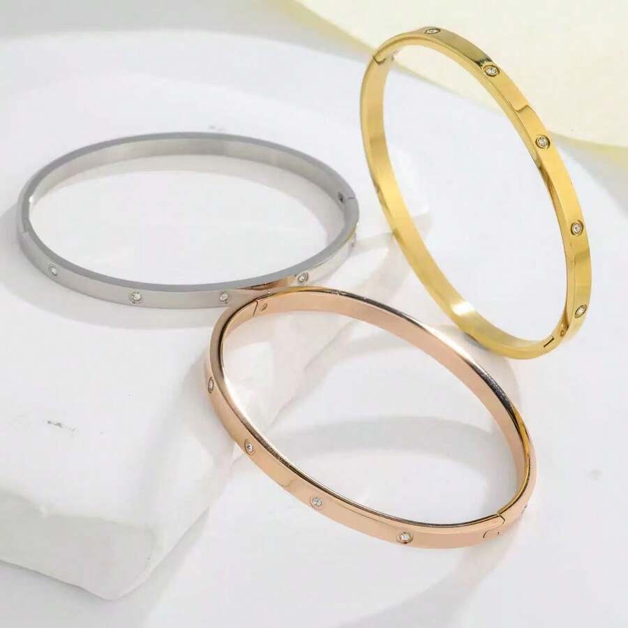 1 pieza Pulsera de acero inoxidable con diamantes de imitación de triple hilera que no se decoloran, diseño exclusivo, elegante y versátil con un toque de lujo. - Tres filas de pulseras estrelladas - Ver 1