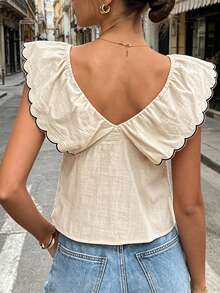 Womens Summer Blouses Casual Stylish Tie Bow Front Ruffled V Neck Sleeveless Tops - Apricot - View 6
