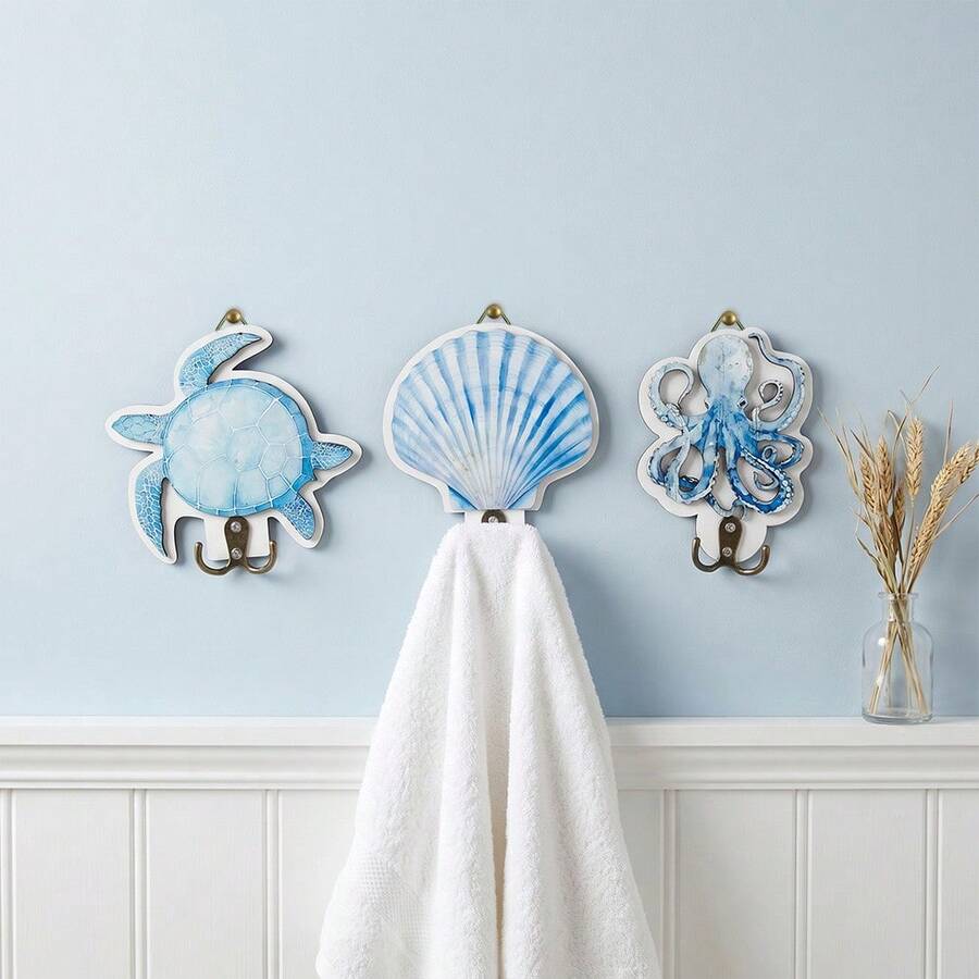 1pc Ocean Theme Wooden Wall Hook With Starfish Turtle Octopus Shell Design Metal Hanging Hook For Coats Hats Keys Bags Small Items Home Decor Bathroom Kitchen Bedroom Entryway Wall Mount Organization Storage Solution - Multicolor - View 1