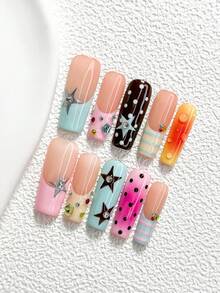 10pcs Y2K Style Handmade Nail Art Set, Pressed Nail Stickers, Colorful Fashion Diamond & Round Rhinestone Nail Decorations, Hand-Painted Star, Polka Dot & Stripe Nail Art Decals, Blue/Pink/Brown/Yellow/Orange Nail Polish, Retro Style, Includes Nail Tools (1 Jelly Sticker + 1 Nail File), 3 Sizes Available: Almond, Duck Mouth, Coffin Nails, Suitable For Party, Daily, Event, Photography, Spring/Summer Commute - Multicolor - View 16