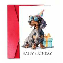 1张可爱腊肠犬生日贺卡，附带信封，水彩派对狗狗设计，适合爱狗人士 - A - 查看 2