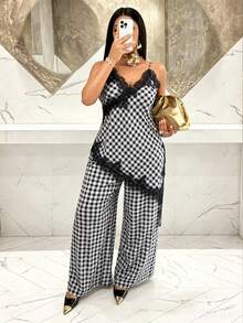 Conjunto de camiseta y pantalón de pierna ancha con estampado de cuadros en blanco y negro, elegante y sexy, con encaje y bajo asimétrico, adecuado para ir de compras, pequeñas reuniones en verano - Negro - Ver 2