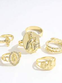 6件套Y2K金色调戒指，混合元素，包括十字架，适合叠戴 - 金色 - 查看 2