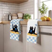 2pcs Cute Black Cat Checkered Pattern Kitchen Towels, 40*60cm Microfiber Dish Cloths, Cleaning Rags, Hand Towels, Kitchen Decor, Housewarming Gift - Multicolor - View 10