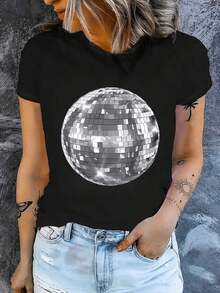 Dancing Disco Ball Printed T-Shirt For Ladies - The Latest Casual Round-Neck Short-Sleeved T-Shirt, Suitable For All Seasons, Disco Party Outfit; Vibrant Printed T-Shirt; Creative Gift - Black - View 2