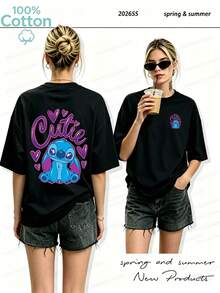 Disney Authorized "Lilo & Stitch" Shi Diqi Pattern Ladies Round Neck 100% Cotton T-Shirt-Light Summer Casual Short Sleeves, Convenient Machine Washing, Everyday Versatile Tops, Fashionable Wear Design, Breathable Fabrics, A Must For Pop Culture Fans. - màu đen - Xem 1