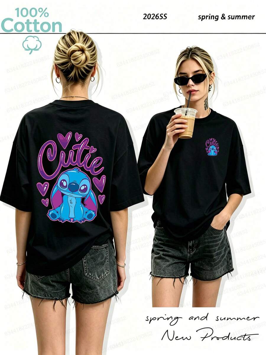 Disney Authorized "Lilo & Stitch" Shi Diqi Pattern Ladies Round Neck 100% Cotton T-Shirt-Light Summer Casual Short Sleeves, Convenient Machine Washing, Everyday Versatile Tops, Fashionable Wear Design, Breathable Fabrics, A Must For Pop Culture Fans. - màu đen - Xem 1