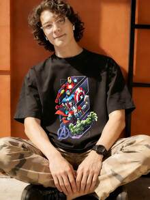Marvel Iron Man Captain America Hulk Graphic Men's T-Shirt, 100% Cotton Tee - 黑色 - 查看 4