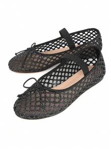 Ballet Flats For Womens Mesh Flat Breathable Closed Round Toe Bowknots Elastic Strap Party Dressy Dancing Casual Comfortable Raffia Ballerina Fishnet Shoes Chic Spring Summer Sandals For Ladies - Black - View 1