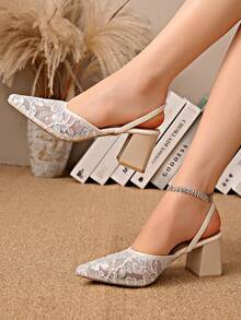 New Chinese Style White High Heel Mules, Pointed Toe Lace Embroidery Convertible Sandals For Women - White - View 3
