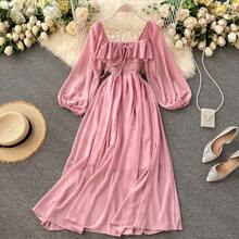 Vestido de Mujer Estilo Chic y Elegante, Moda Otoñal, Retro, Cuello Cuadrado, Manga Abullonada, Falda de Gasa, Cintura Alta, ... - Rosa - Ver 1