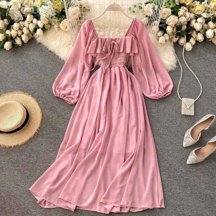 Vestido de Mujer Estilo Chic y Elegante, Moda Otoñal, Retro, Cuello Cuadrado, Manga Abullonada, Falda de Gasa, Cintura Alta, ... - Rosa - Ver 1